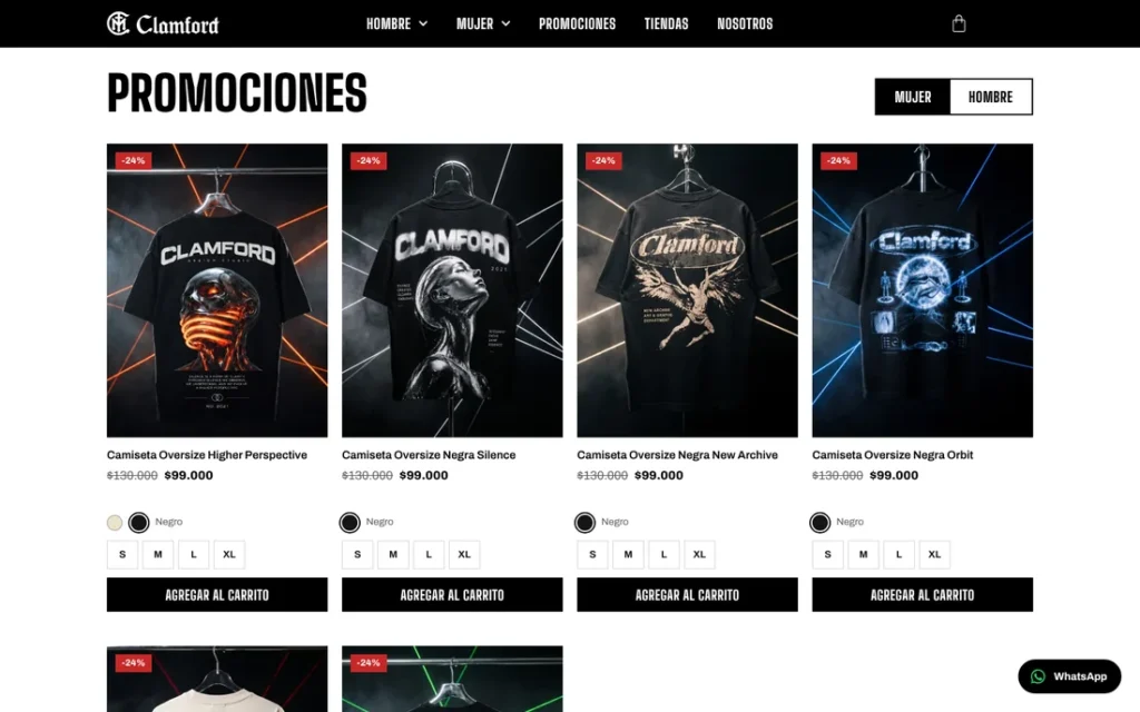 Clamford: tarjetas de producto con color, talla y botón de compra